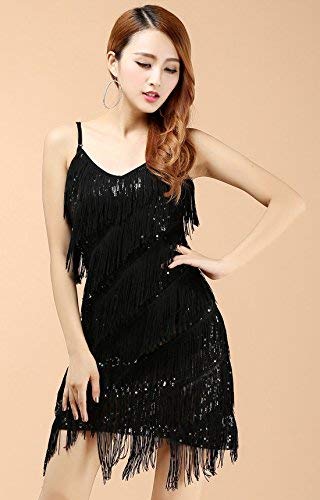 BellyQueen Vestido Salsa Mujer para Baile Latino Clásica Tango con Lentejuelas y Flecos - Talla Única - Negro