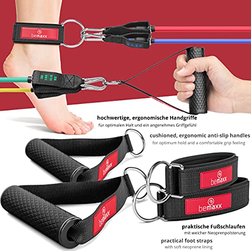 BeMaxx Juego de Bandas de Resistencia elásticas + guía de Ejercicios – Cintas Profesionales: 5 Tubos + Tobillera, Anclaje para Puerta & Asas Acolchadas | Fitness, Gimnasio, Deporte, Culturismo