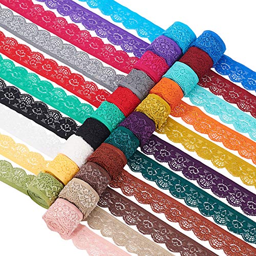 BENECREAT 38m 25mm Encaje Elástico Cinta de Encaje de 21 Colores Surtidos Adorno de Borde de Flores para Costura Artesanal Decoración de Fiesta, Boda, Ropa, 1.8/Rollo