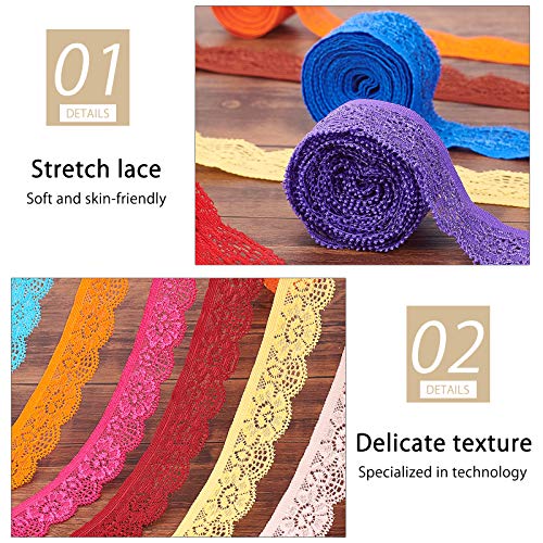 BENECREAT 38m 25mm Encaje Elástico Cinta de Encaje de 21 Colores Surtidos Adorno de Borde de Flores para Costura Artesanal Decoración de Fiesta, Boda, Ropa, 1.8/Rollo