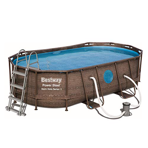 BESTWAY - Piscina Desmontable Tubular Power Steel 427x250x100 cm Depuradora Cartucho 2.006 l/h Escalera y Cobertor Diseño Rattan