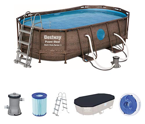 BESTWAY - Piscina Desmontable Tubular Power Steel 427x250x100 cm Depuradora Cartucho 2.006 l/h Escalera y Cobertor Diseño Rattan