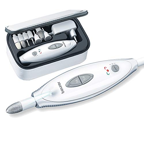 Beurer MP 41 Set de manicura y pedicura profesional, 7 accesorios incluidos, luz LED brillante, rotación derecha/izquierda, 2 velocidades, color blanco