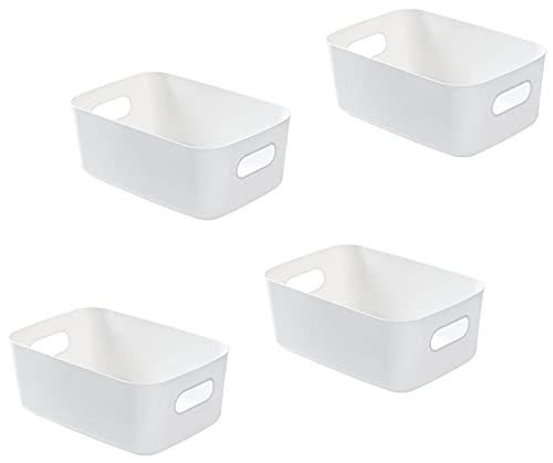 Bgfuni Juego de 4 Cestas de Almacenaje Multiuso, Cajas Organizadoras de Plástico con Asas, Cesta de Ordenación, Cestas Almacenaje, Cesta de Almacenamiento para Cocina, Baño, 19 x 13.5 x 7.5cm (Blanco)