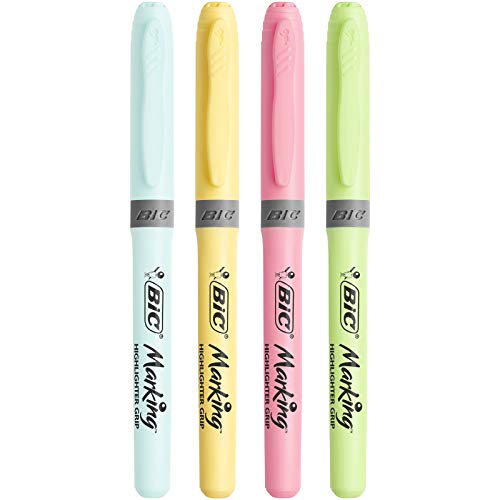 BIC Highlighter Grip Subrayadores Color Pastel, Óptimo para material escolar,Punta Ajustable, Blíster de 4, Yellow, Blue, Green and Pink