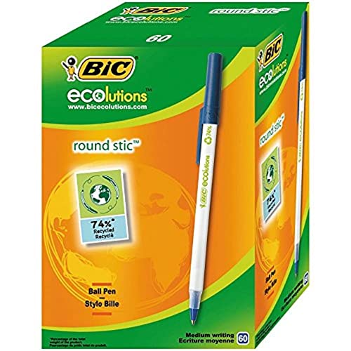 BIC Round Stic ECOlutions Bolígrafos de Punta Media (1,0 mm) – Azul, Caja de 60 unidades - Fabricados con un 74% de materiales reciclados (8932402)