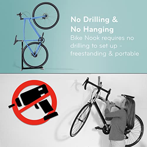 Bike Nook Pro - Soporte de bicicleta, portátil y estacionario para ahorrar espacio con altura ajustable, para almacenamiento de bicicletas en interiores