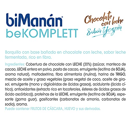 BiManán beKOMPLETT - Barquillos con Chocolate con leche rellenos de crema sabor yogur. Ricos en fibra. -Caja de 6 unidades