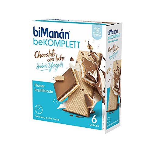 BiManán beKOMPLETT - Barquillos con Chocolate con leche rellenos de crema sabor yogur. Ricos en fibra. -Caja de 6 unidades