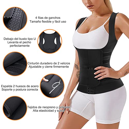 Bingrong Fajas Reductoras Abdomen Mujer para Sudar Fajas Lumbares Deportivas Sauna Chaleco Neopreno Comprecion de Doble Ajuste para Adelgazante Sudoración para Deporte Fitness (M, Negro)