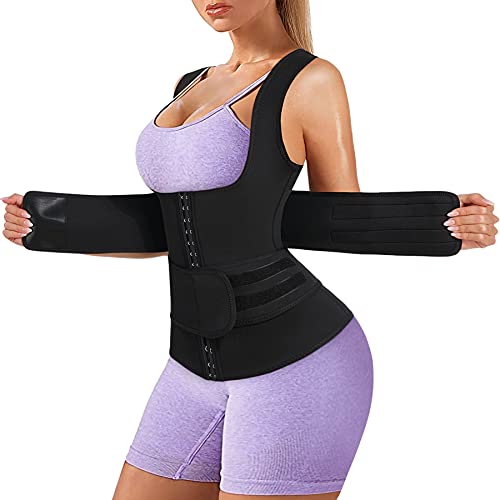 Bingrong Fajas Reductoras Abdomen Mujer para Sudar Fajas Lumbares Deportivas Sauna Chaleco Neopreno Comprecion de Doble Ajuste para Adelgazante Sudoración para Deporte Fitness (M, Negro)