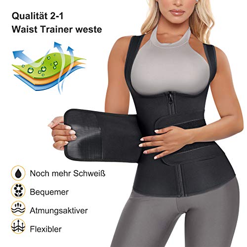 Bingrong Fajas Reductoras Abdominal para Mujer Chaleco Sauna Neopreno Sudoración Camiseta Compresión Waist Trainer para Deporte Fitness con Cremallera Corsé (S, Negro)