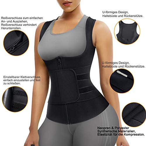 Bingrong Fajas Reductoras Abdominal para Mujer Chaleco Sauna Neopreno Sudoración Camiseta Compresión Waist Trainer para Deporte Fitness con Cremallera Corsé (S, Negro)