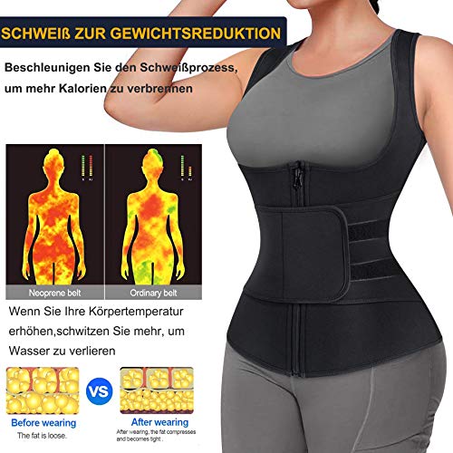 Bingrong Fajas Reductoras Abdominal para Mujer Chaleco Sauna Neopreno Sudoración Camiseta Compresión Waist Trainer para Deporte Fitness con Cremallera Corsé (S, Negro)