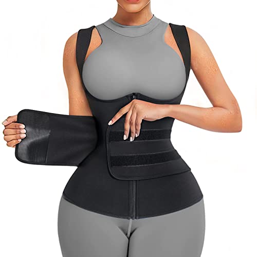 Bingrong Fajas Reductoras Abdominal para Mujer Chaleco Sauna Neopreno Sudoración Camiseta Compresión Waist Trainer para Deporte Fitness con Cremallera Corsé (S, Negro)