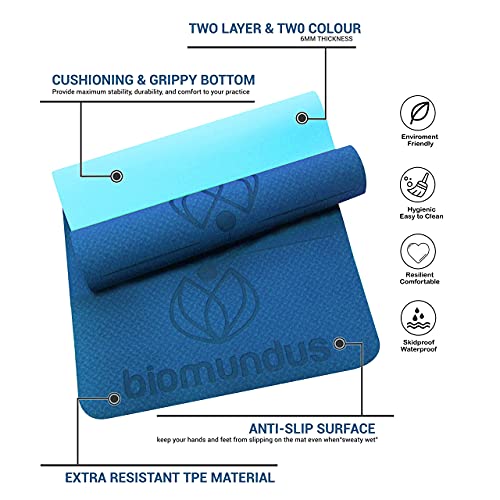 biomundus Esterilla Yoga Mat Antideslizante Esterilla Deporte en Casa Colchoneta Gimnasia Material Ecologico TPE Grado A Mat Yoga Esterilla Línea de Posición Correa y Bolsa 183x61x06 Esterilla Fitness