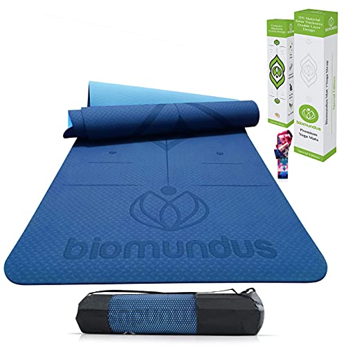 biomundus Esterilla Yoga Mat Antideslizante Esterilla Deporte en Casa Colchoneta Gimnasia Material Ecologico TPE Grado A Mat Yoga Esterilla Línea de Posición Correa y Bolsa 183x61x06 Esterilla Fitness