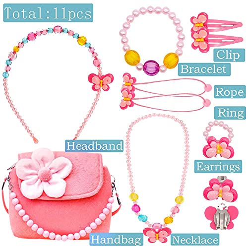 BIQIQI Niña Joyas Conjunto Monederos de Peluche Bolso Bandolera para Niñas con Collar Pulsera Anillo y Aretes Mi Primer Bolso para Vestir a Niñas Pequeñas y Juegos de rol Regalo