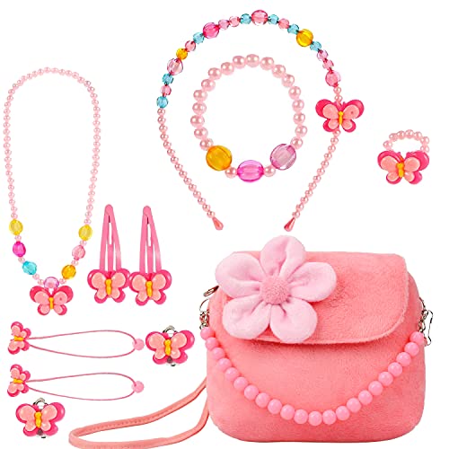 BIQIQI Niña Joyas Conjunto Monederos de Peluche Bolso Bandolera para Niñas con Collar Pulsera Anillo y Aretes Mi Primer Bolso para Vestir a Niñas Pequeñas y Juegos de rol Regalo