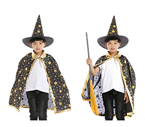 BJ-SHOP Capa de Halloween para Niños, Capa de Brujo Mago Disfraces de Halloween para Niños con Sombrero para Niños, Accesorios de Halloween (Negro)