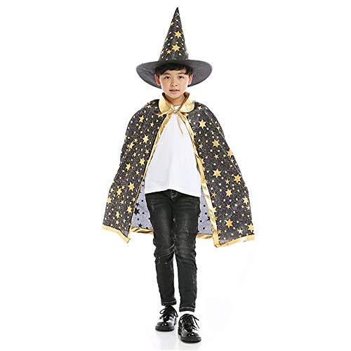 BJ-SHOP Capa de Halloween para Niños, Capa de Brujo Mago Disfraces de Halloween para Niños con Sombrero para Niños, Accesorios de Halloween (Negro)