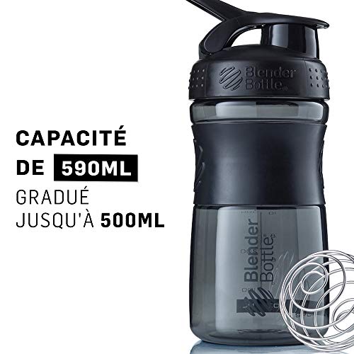 BlenderBottle Sportmixer Botella de agua | Botella mezcladora de batidos de proteínas | con batidor Blenderball | libre de BPA | Tritan| 590ml - negro/negro