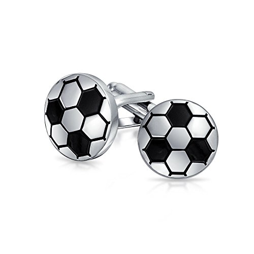 Bling Jewelry Gemelos Deportivos para Hombre Entrenador De Fútbol Esmalte Negro Balón De Fútbol para Hombres Camisa Ejecutiva Gemelos Tono Plateado Latón