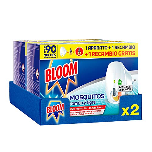 Bloom Insecticida Eléctrico Líquido Doble Eficacia (2 aparatos + 4 recambios), insecticida eléctrico para mosquitos común y tigre, fórmula concentrada sin perfume