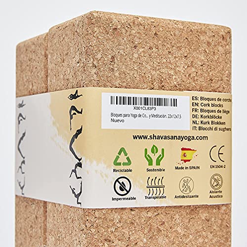 Bloques para Yoga de Corcho 100% Ecológico y Natural (Pack 2 Unidades) Ladrillos de Yoga Ideales para el Soporte y Apoyo de Todas Las Asanas y Ejercicios de Relación y Meditación. 22x12x7,5