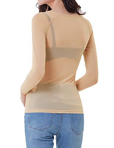 Blusa de Manga Larga de Color Liso para Mujer Blusa Transparente Clubwear Beiga S CL011046-3