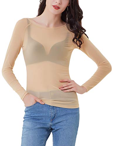 Blusa de Manga Larga de Color Liso para Mujer Blusa Transparente Clubwear Beiga S CL011046-3