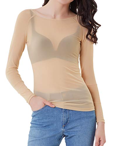 Blusa de Manga Larga de Color Liso para Mujer Blusa Transparente Clubwear Beiga S CL011046-3