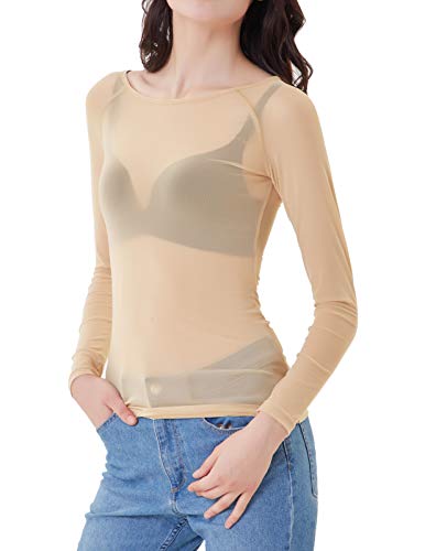 Blusa de Manga Larga de Color Liso para Mujer Blusa Transparente Clubwear Beiga S CL011046-3