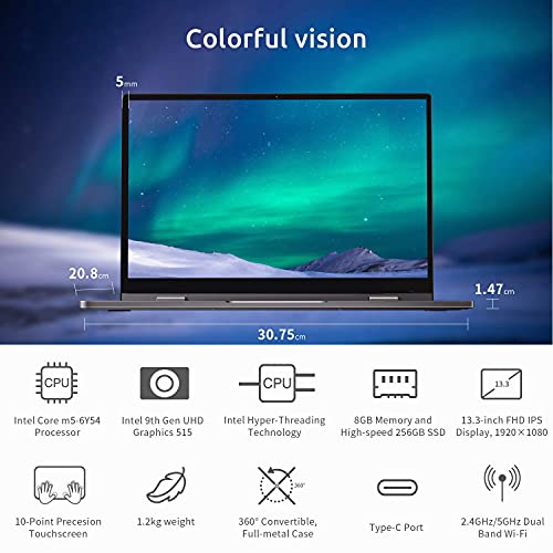 BMAX Y13 Pro Computadora Portatil, Convertible Tactil Laptop13.3 Pulgadas Ordenador Portatil, Windows 10 Core M5 6Y54 (hasta 2,7GHz) , 8GB RAM +256 SSD, 1920×1080 FHD, USB C, WiFi 2.4GHz/5GHz