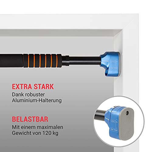 BoarderKING - Barra de dominadas telescópica, para Pared, Anchura 78-110 cm, Protección anticaída, Gomas Laterales, Almohadillas de Espuma, Sin Marcas después del Uso, Carga máx. 120 kg, Azul