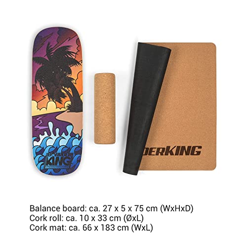 BoarderKING Indoorboard Classic - Tabla de equilibrio, Forma de monopatín, Madera de arce, Recubierto de plástico, Con esterilla y rodillos de corcho, Topes desmontables, 27 x 5 x 75 cm, Playa