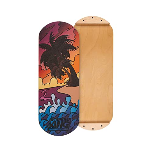 BoarderKING Indoorboard Classic - Tabla de equilibrio, Forma de monopatín, Madera de arce, Recubierto de plástico, Con esterilla y rodillos de corcho, Topes desmontables, 27 x 5 x 75 cm, Playa