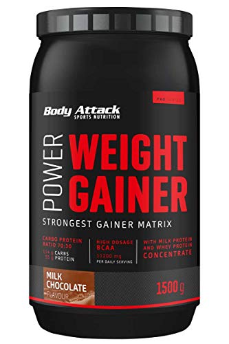 Body Attack Power Weight Gainer-aumento de peso-chocolate con leche, 1,5 kg, 100% desarollo masa, carbohidrato-proteína en polvo para el aumento muscular con proteína de suero, ideal para Hardgainer