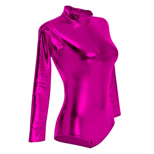 Body de Manga Larga Mujer, Cuello Alto Body Cuero Spandex Metálico Leotardo Baile Ballet Mono Gimnasia Traje Rosa Caliente 3XL