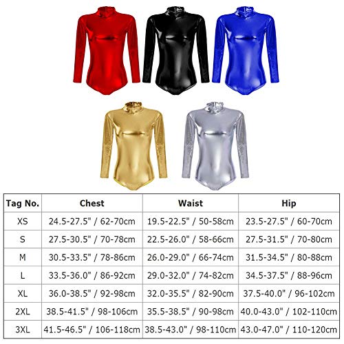 Body de Manga Larga Mujer, Cuello Alto Body Cuero Spandex Metálico Leotardo Baile Ballet Mono Gimnasia Traje Rosa Caliente 3XL