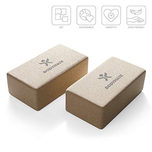 BODYMATE Bloques de Yoga de Corcho Natural 100% ecológico, 2X Ladrillos de Yoga, Apoyo para Todas Las asanas, meditaciones y Ejercicios de relajación, para Principiantes y Profesionales, 22x12x7,5cm