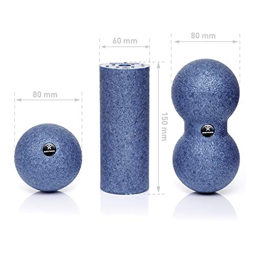 BODYMATE Set con Rodillo miofascial Mini 15 cm Largo x 6 cm diámetro, Bola 8 cm diámetro y Bola Doble 8 cm diámetro