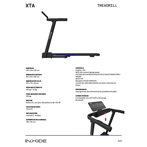 BODYTONE XTA Cinta de Correr Plegable con 9 Programas de Entrenamiento y 2 Posiciones | Cinta de Andar con Velocidad Ajustable hasta 14 km/h MP3 Pantalla LED | Peso máx 100 kg