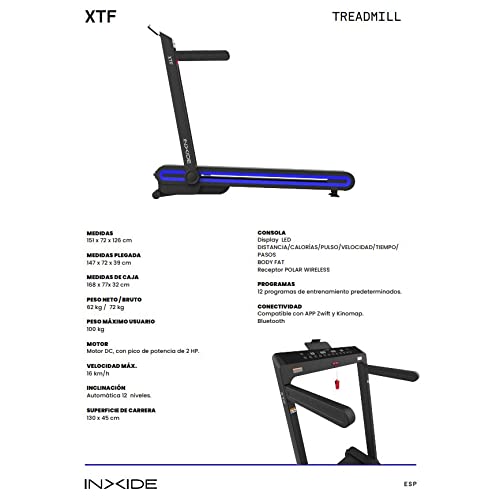 BODYTONE XTF Cinta de Correr Ultraplegable, 12 Posiciones Distintas | Inclinación Automática | Cinta de Andar con Velocidad Ajustable hasta 16km/h, Pantalla LED | Peso máx 100 Kg