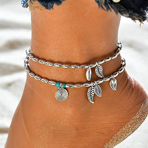 Bohend Boho Tobillera Pulsera Plata Hojas Borlas Redondo Colgante Ajustable Multicapa Tobillo Pulseras Playa Turquesa Cadenas de pies Joyería Accesorios Para Mujeres Y Chicas