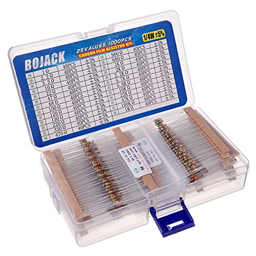 BOJACK 25 valores 1000 Piezas 1 / 4W 1 Ohm-1M Ohm 5% Kit de resistencias de película de carbono