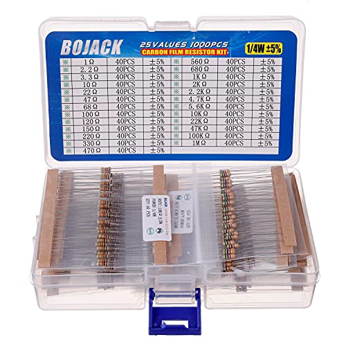 BOJACK 25 valores 1000 Piezas 1 / 4W 1 Ohm-1M Ohm 5% Kit de resistencias de película de carbono