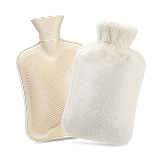 Bolsa de Agua Caliente de 1,8L, Dawdix Botellas de Agua Caliente con Suave Felpa Funda, Hot Water Bottle, bolsa agua caliente, mejor regalo (blanco)