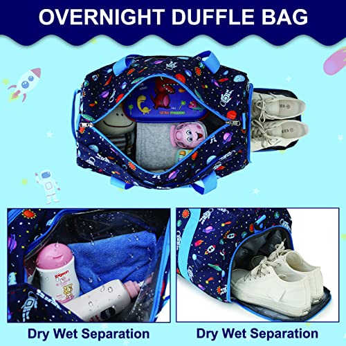 Bolsa de Deporte para niños, RAVUO Bolsa de Viaje Resistente al Agua Bolsa de Noche Bolsa de Mano Weekender para Gimnasio Deportivo con Compartimento para Zapatos y Bolsillo para Mojado Espacio