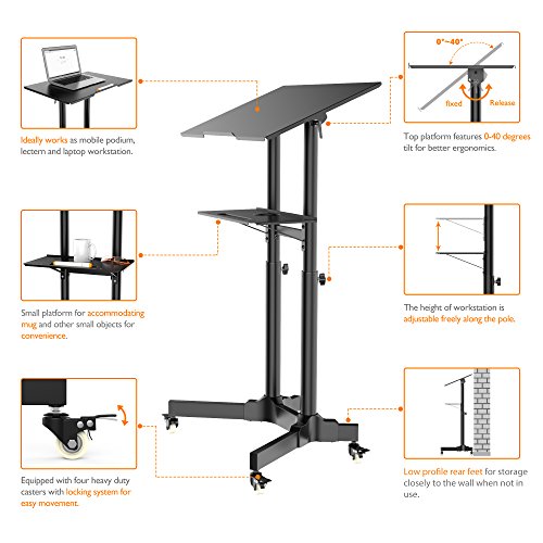 BONTEC Mesa Móvil Portátil Escritorio Ordenador Computador Soporte Carro Bandeja Compacta Ajustable Estación de Trabajo